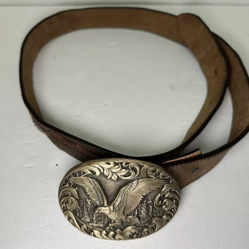 1-3/8" Brown Leather Biker's BELT with Flying Eagle Oversize Gold Buckle